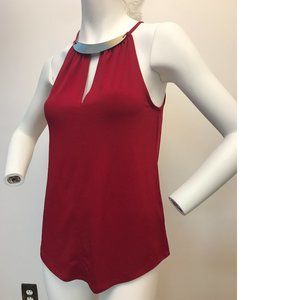 Le Chateau Deep Red light Burgundy halter top blouse Gold moon necklace  NWT